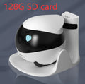 White smart home mobile surveillance robot camera with automatic charging dock