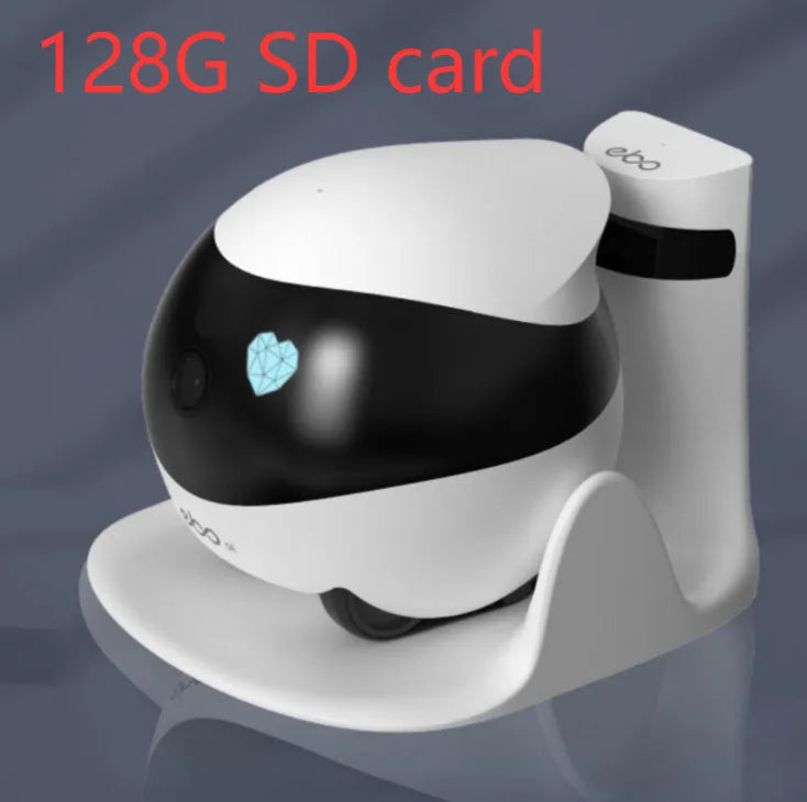 White smart home mobile surveillance robot camera with automatic charging dock