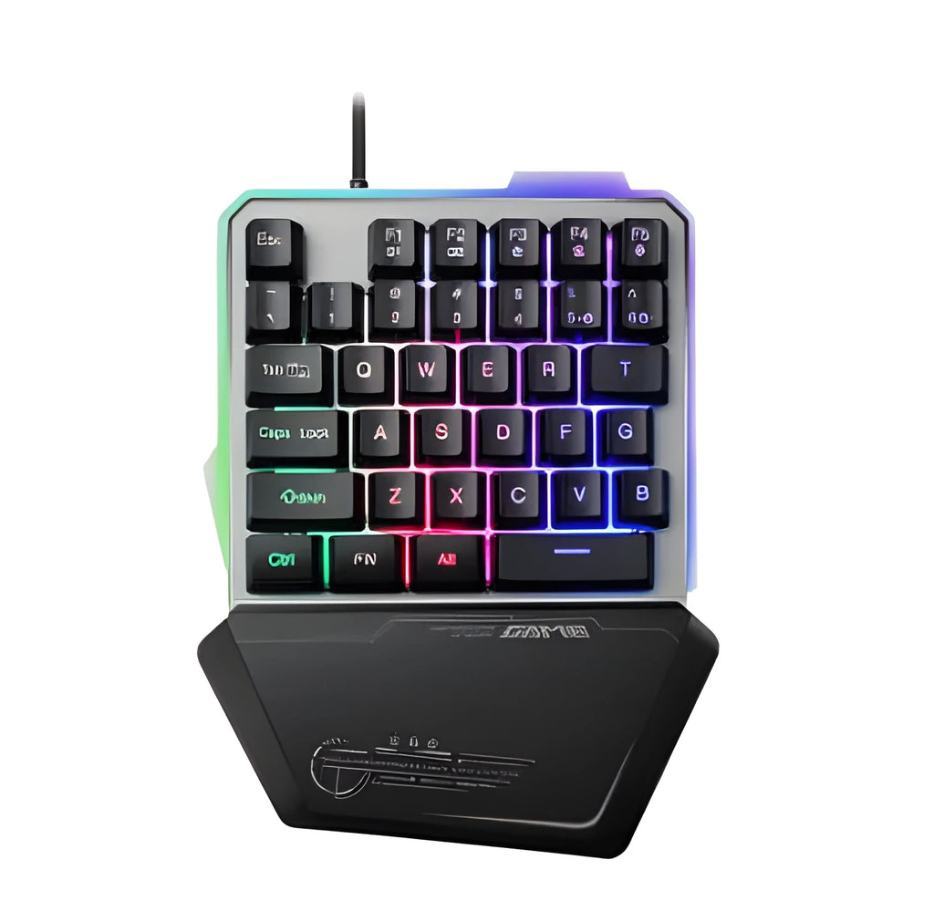 Black robotic one-handed gaming keyboard with RGB backlighting and USB cable