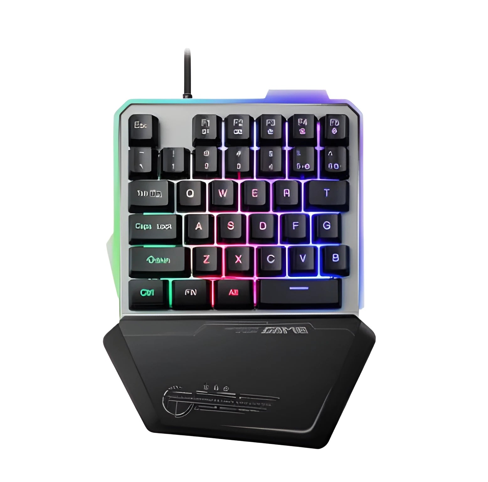 Black robotic one-handed gaming keyboard with RGB backlighting and USB cable