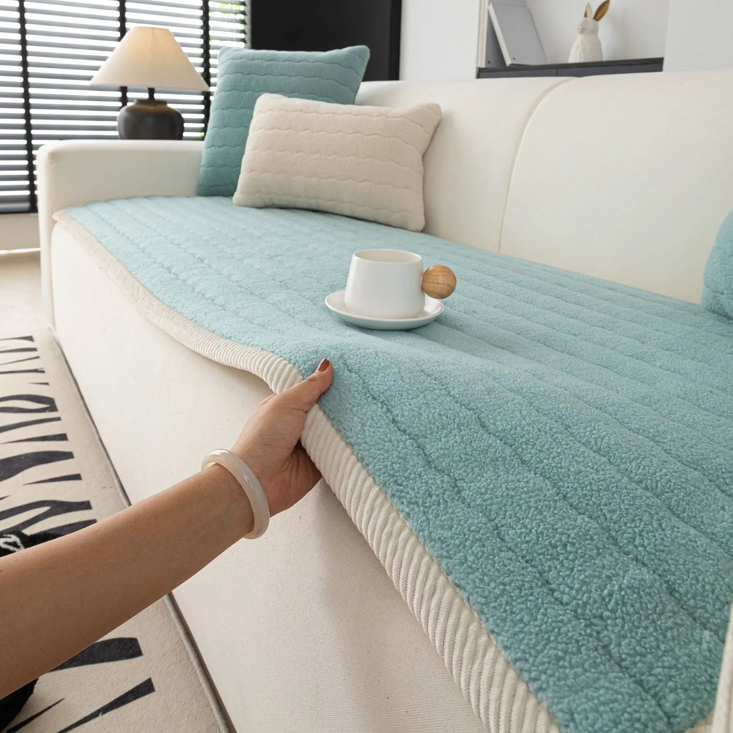 Lambswool thickened non-slip plush sofa cushion in solid colour, available in 70x150cm size