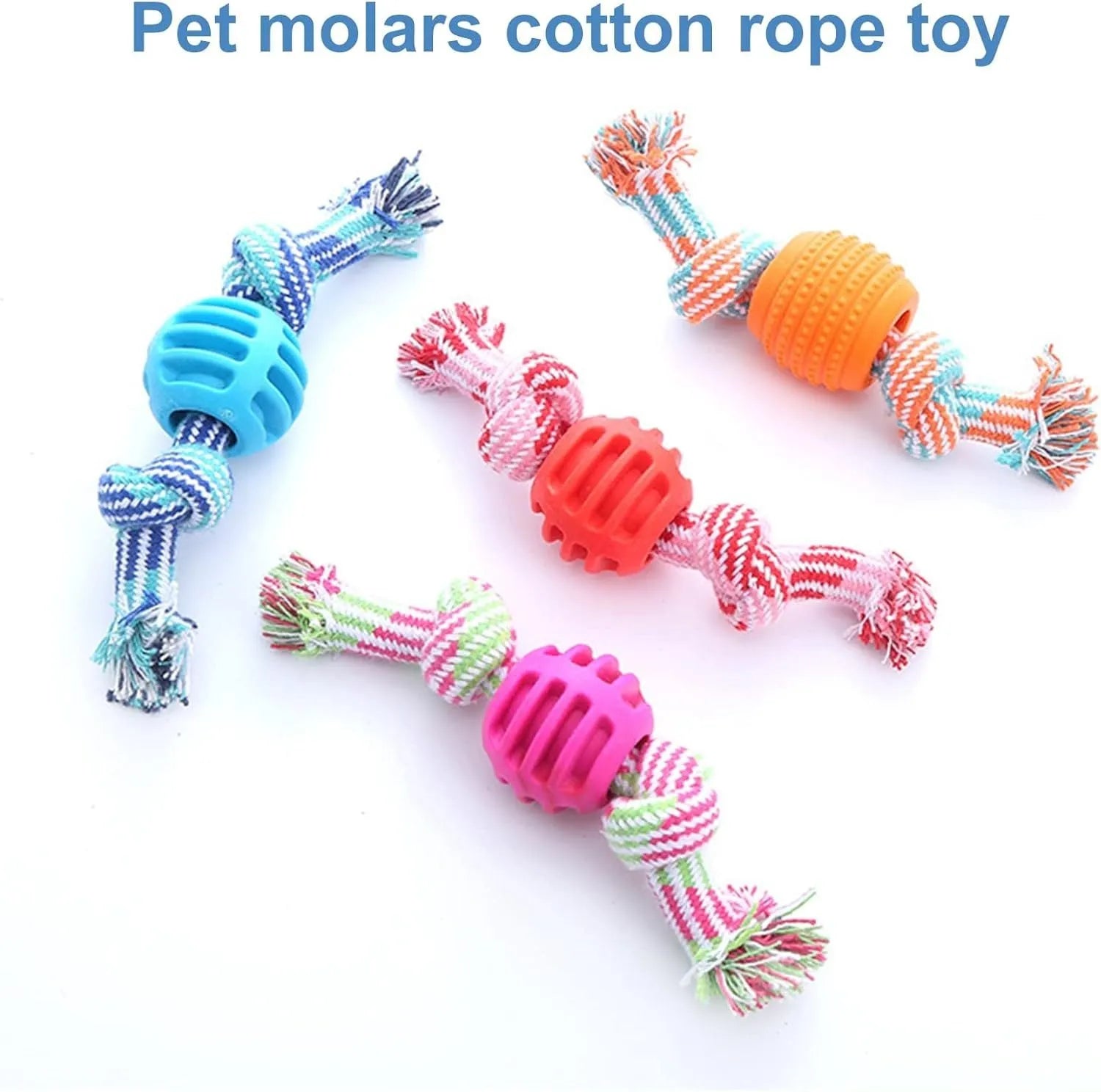 Blue dog chew toy with rope strands for dental care, 23 cm length
