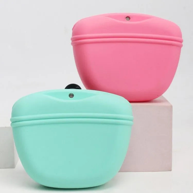 Silicone dog treat training pouch with clip and magnet closure in assorted colours