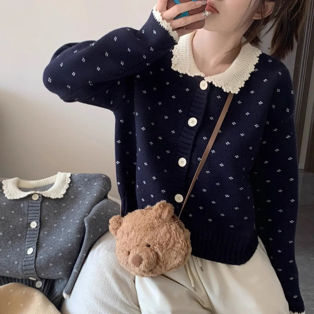 Peter Pan collar floral pattern cardigan coat in knitted polyester fabric