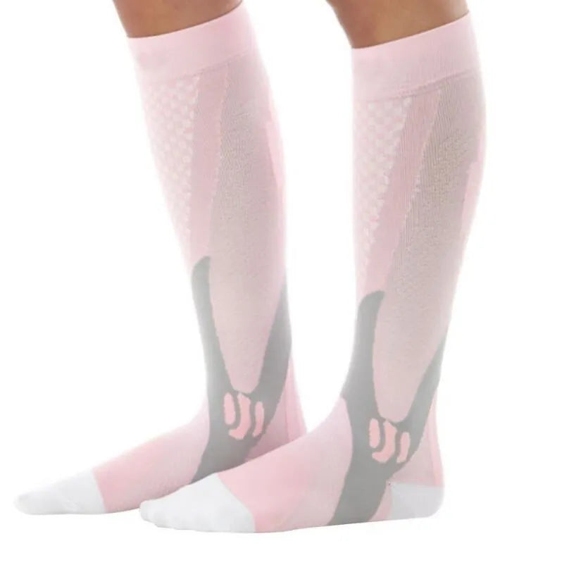Graduated athletic compression socks for men and women in various colours and sizes.