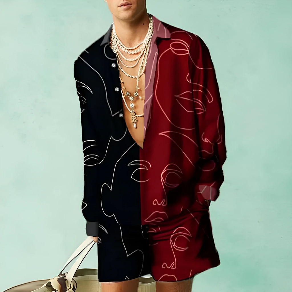 Casual summer loose shirt and shorts set with colour matching pattern and long sleeves in polyester fabric