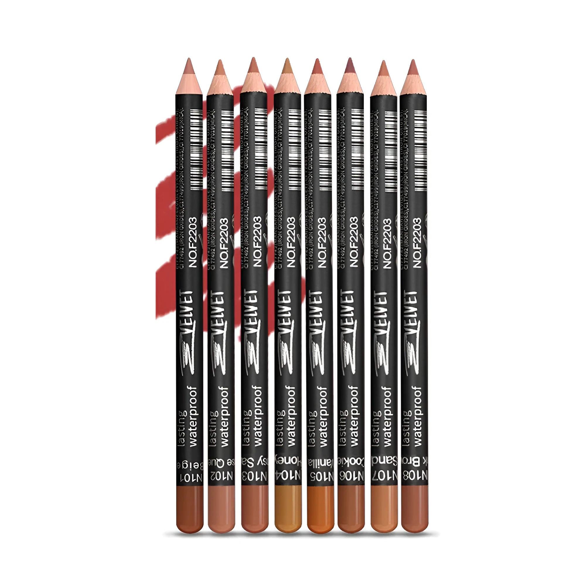 Matte finish lip liner pencil in wood casing showing 14 colour options numbered 201-214