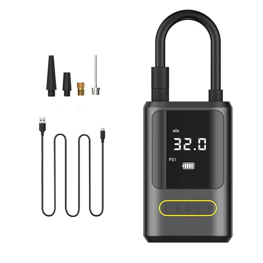 Handheld wireless digital display air pump with LED light and attached air hose