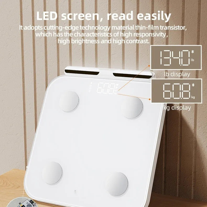 White professional body fat scale with 8 electrodes, LED display, and USB charging port