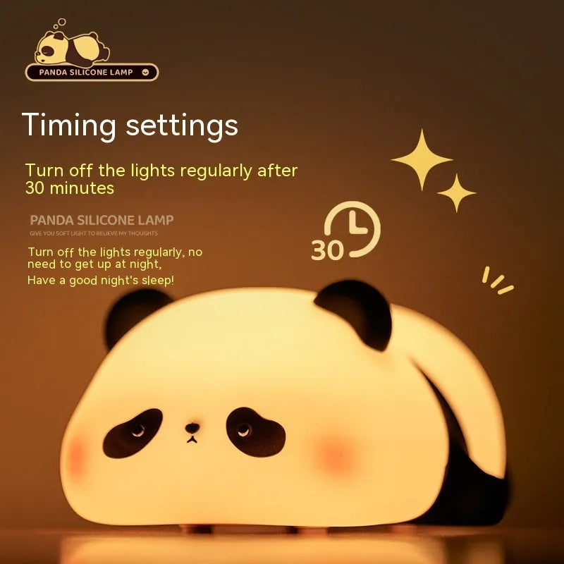 Panda head night light with silicone construction showing clap controls and USB charging port