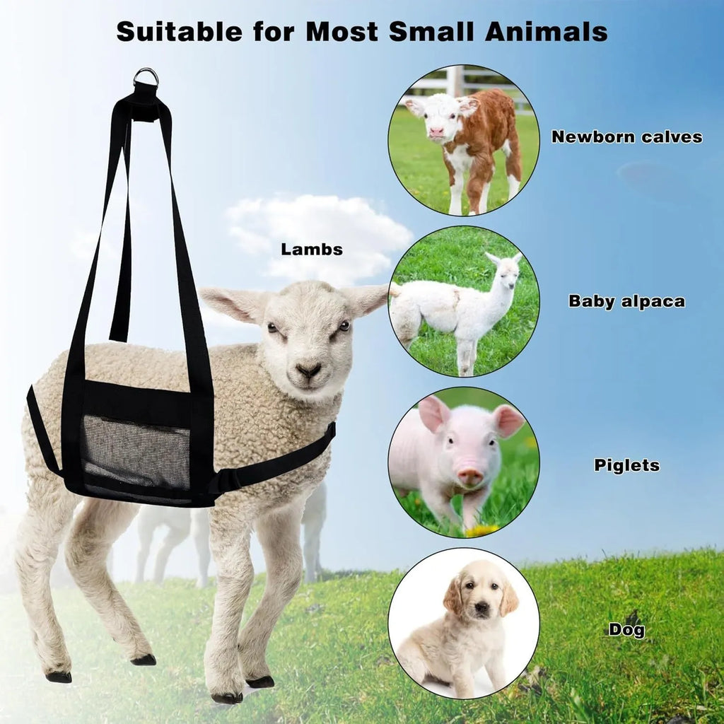 Large black calf sling for weighing and moving dogs and livestock, showing dimensions.