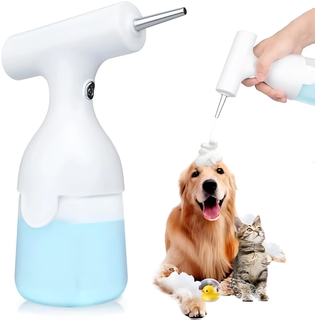 White electric foam soap dispenser with two nozzles for pet bathing and cleaning
