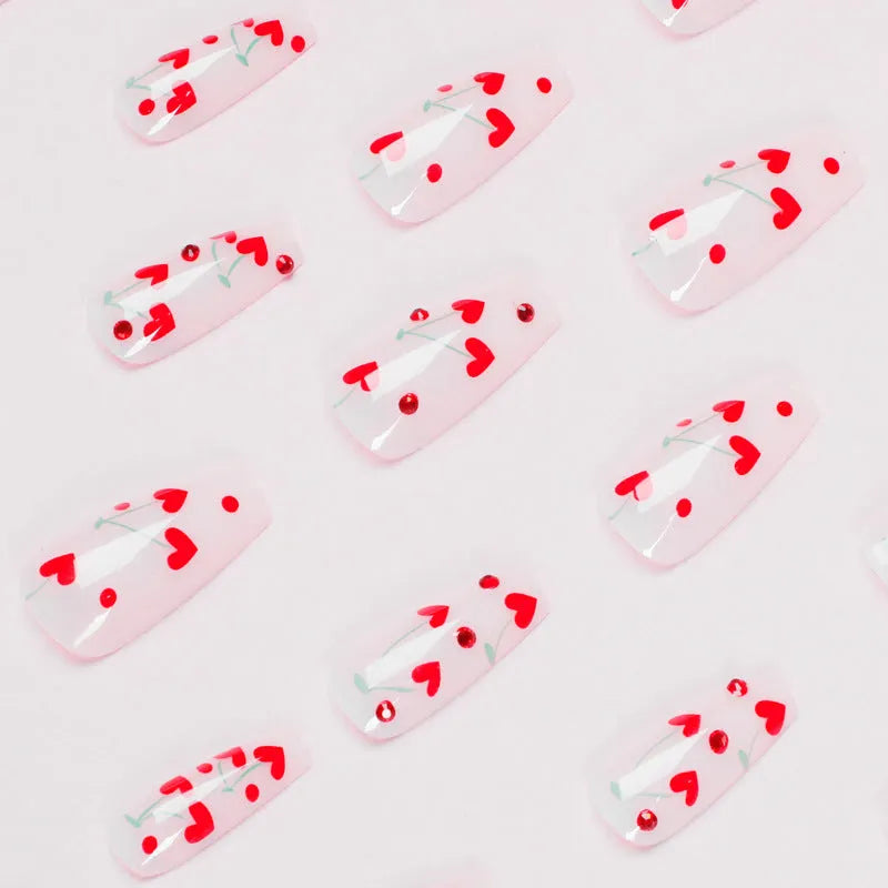 French Love red diamond small cherry gel nail stickers in JP1601 colour, 24-piece pack with adhesive