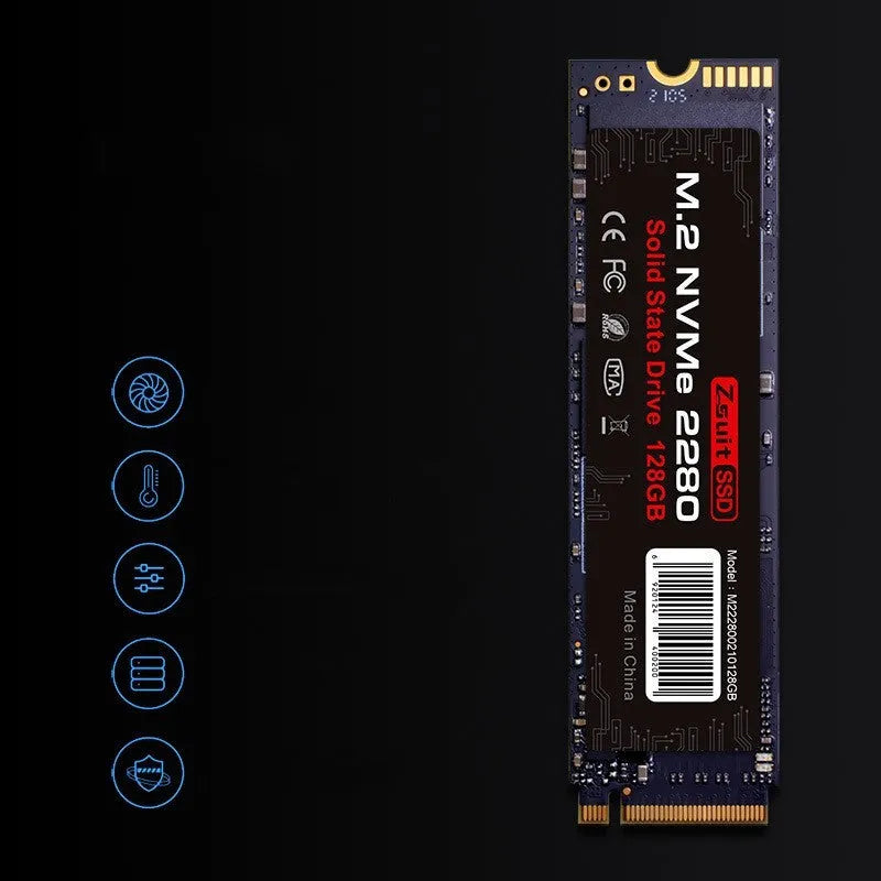 Red metal M.2 NVMe 2280 SSD 128GB with PCIe 3.0/4.0 support on white background