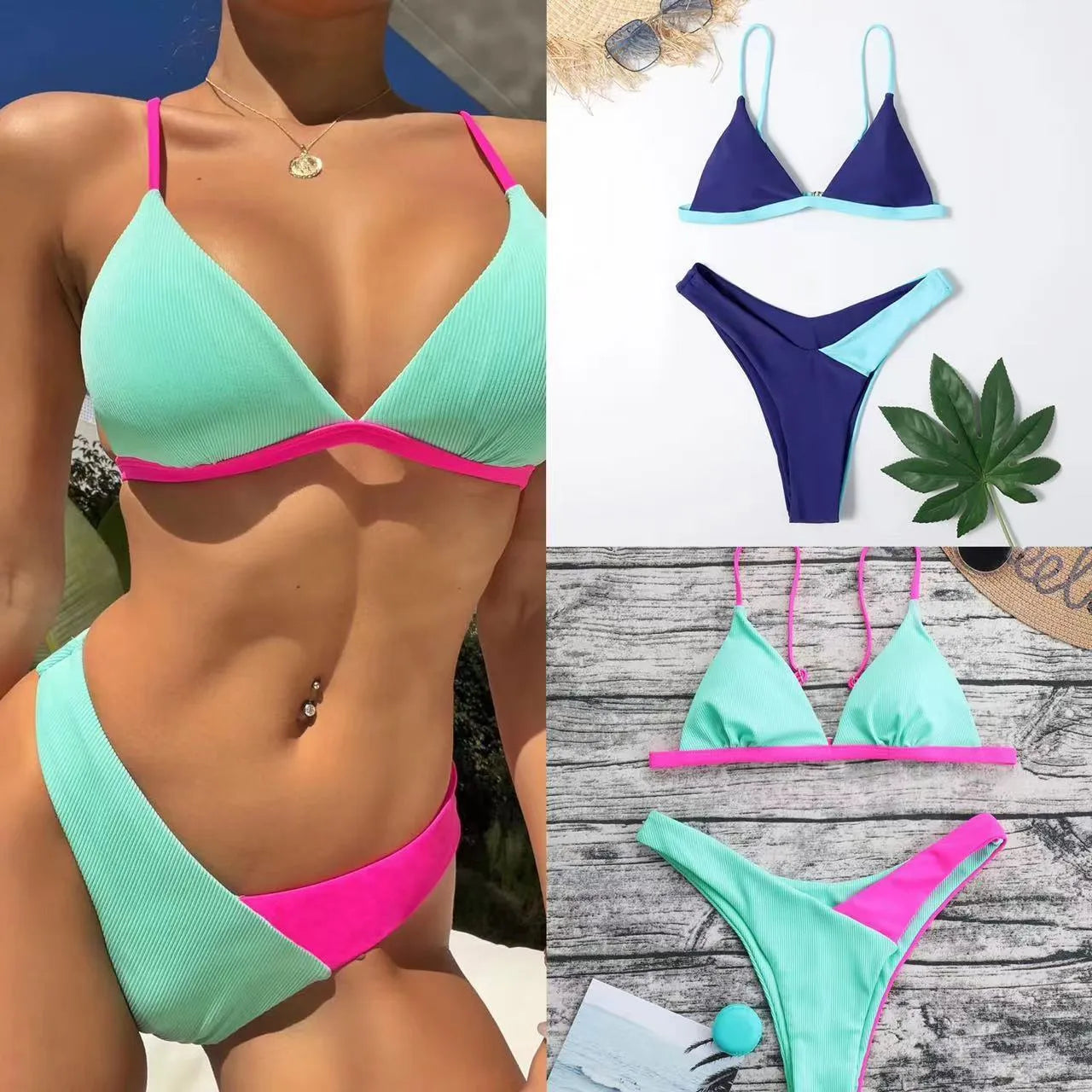 Women's two-piece nylon swimsuit briefs in European American style on a mannequin.