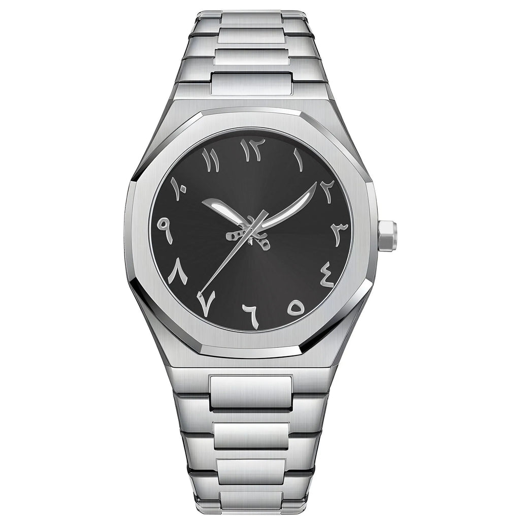 Men's business quartz watch with stainless steel strap showing three colour options