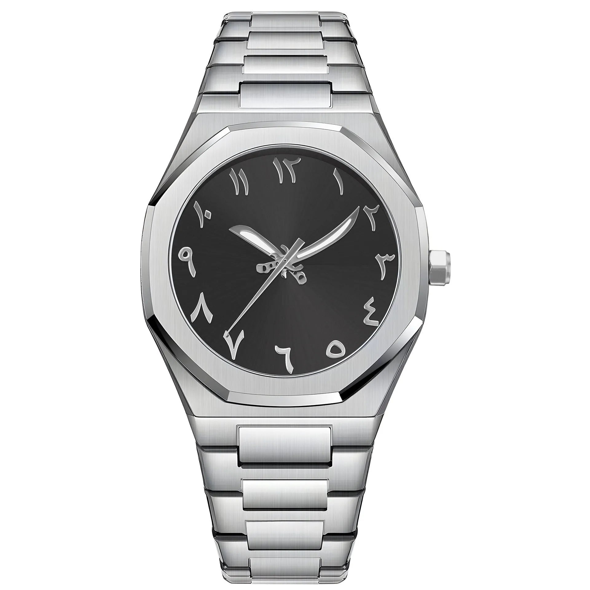 Men's business quartz watch with stainless steel strap showing three colour options