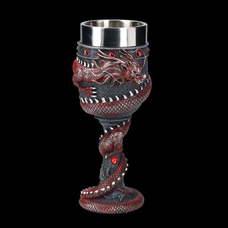 Stainless steel red wine glass with 3D Chinese dragon decoration in retro style