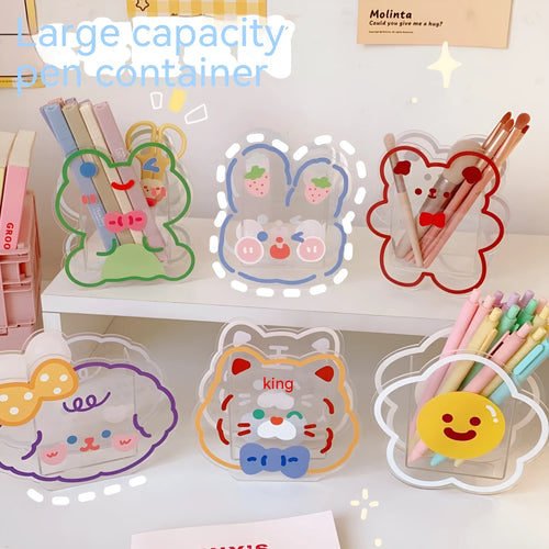 Clear square acrylic stationery storage box with lid in cute character design on desktop