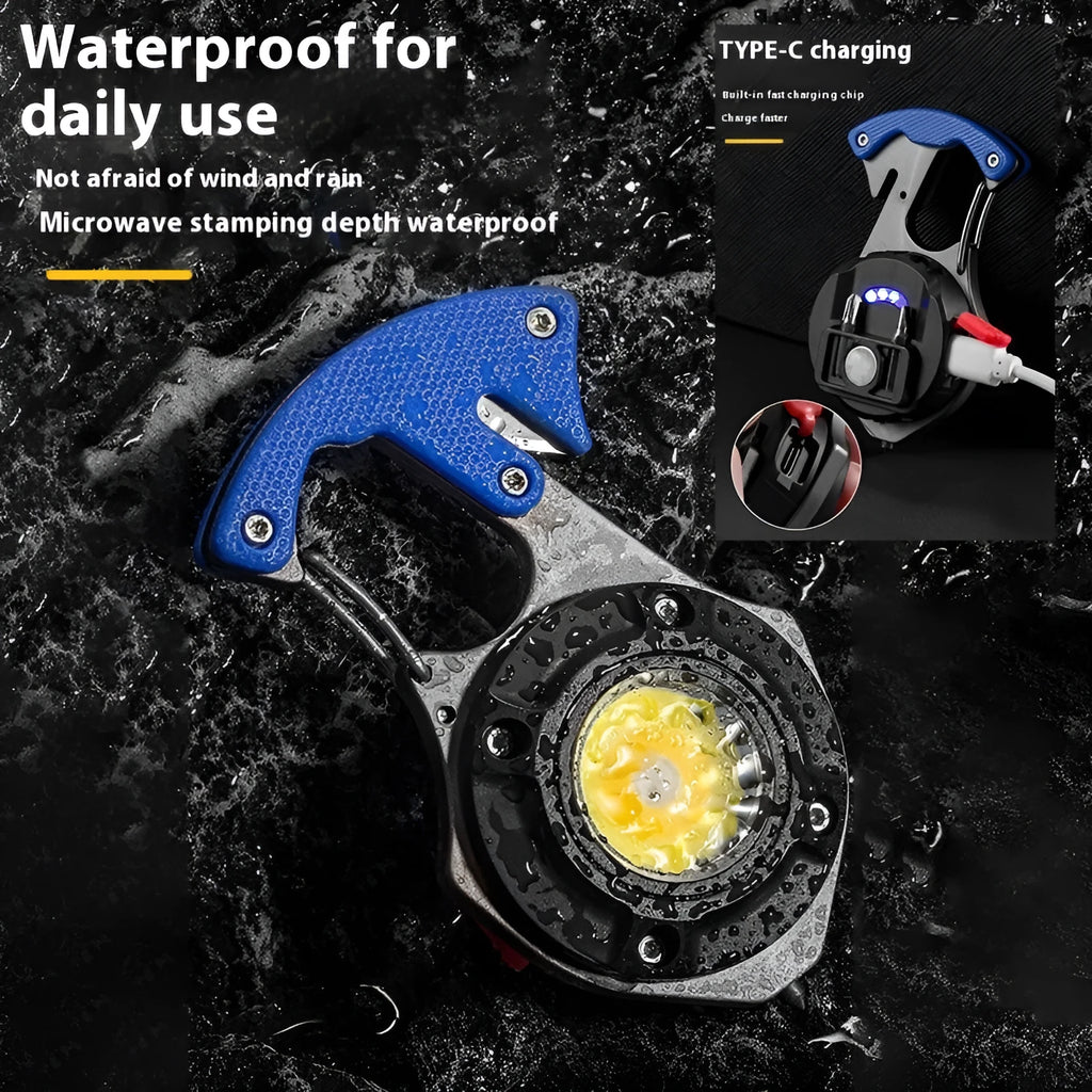 Compact silver and black keychain flashlight with multiple LEDs, a keyring loop, and a pointed window-breaking tip.