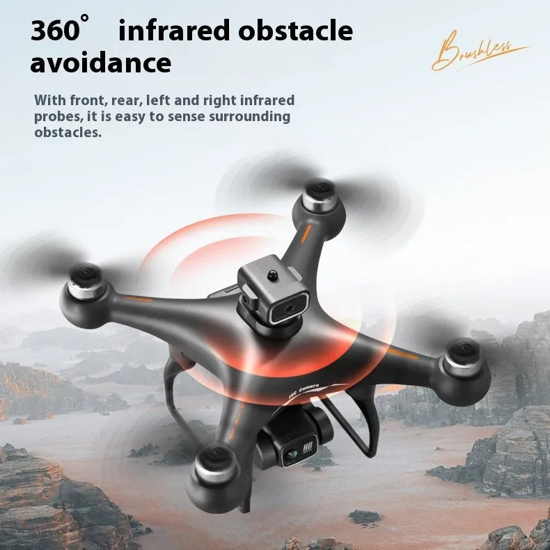 Black HD brushless UAV drone with four-side obstacle avoidance sensors and camera visible on compact plastic frame