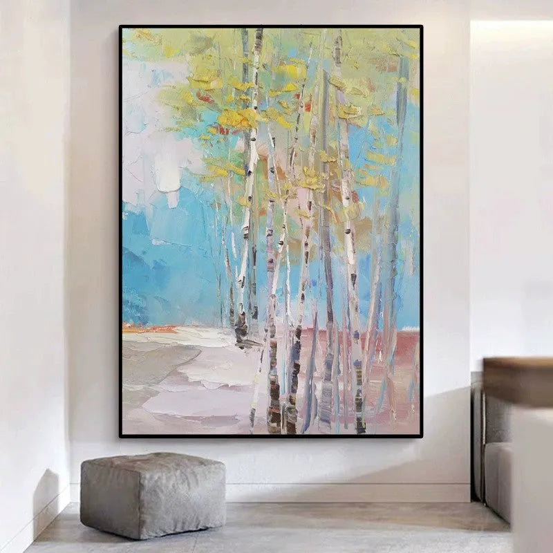 Hand-painted abstract birch forest landscape oil painting on canvas, vertical, rolled and frameless