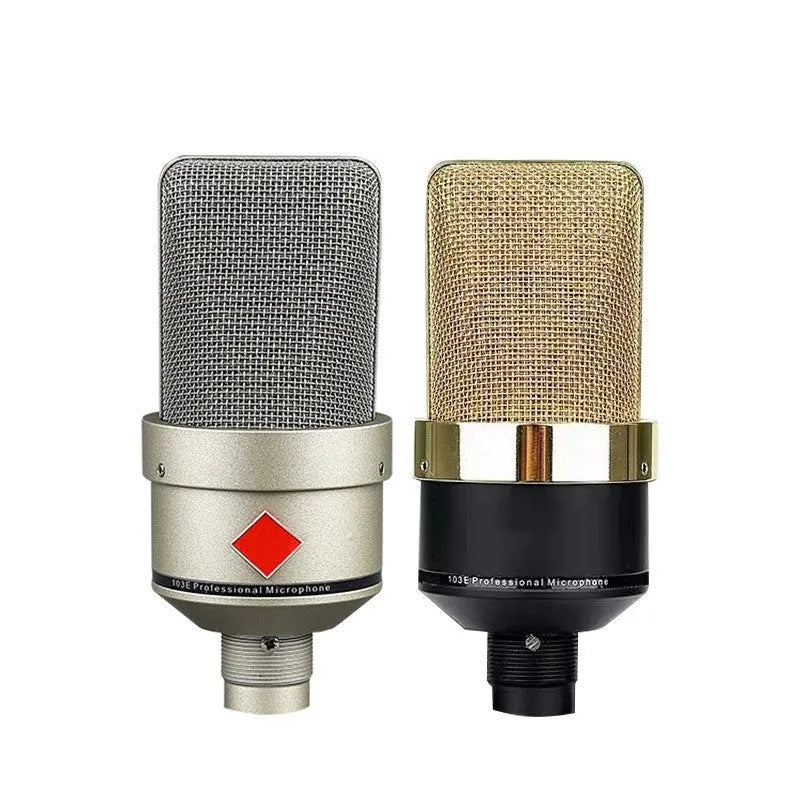 Wired condenser microphone in champagne gold colour with cable and stand for recording and live broadcast