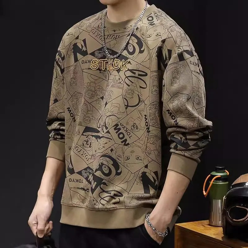 Men's round neck print sweatshirt, long sleeve, loose fit, wool lining, brown colour