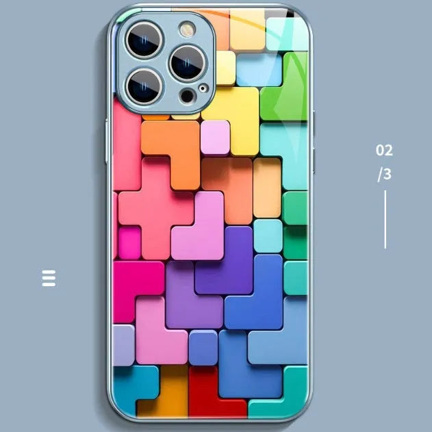 Silicone iPhone case with colourful geometric building block cartoon design