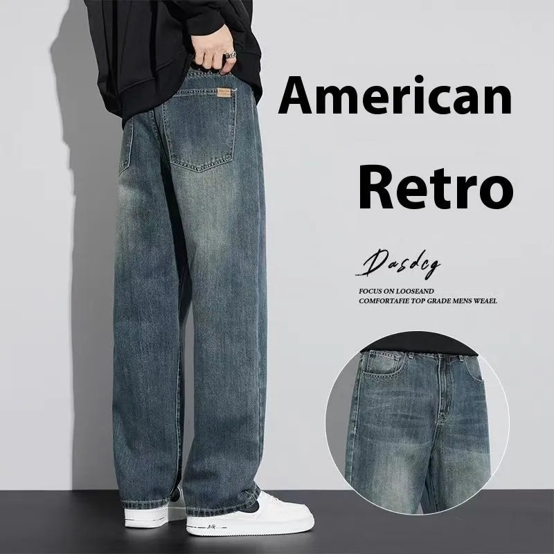 Retro nostalgic straight jeans for men in retro blue colour, cotton fabric, straight leg cut