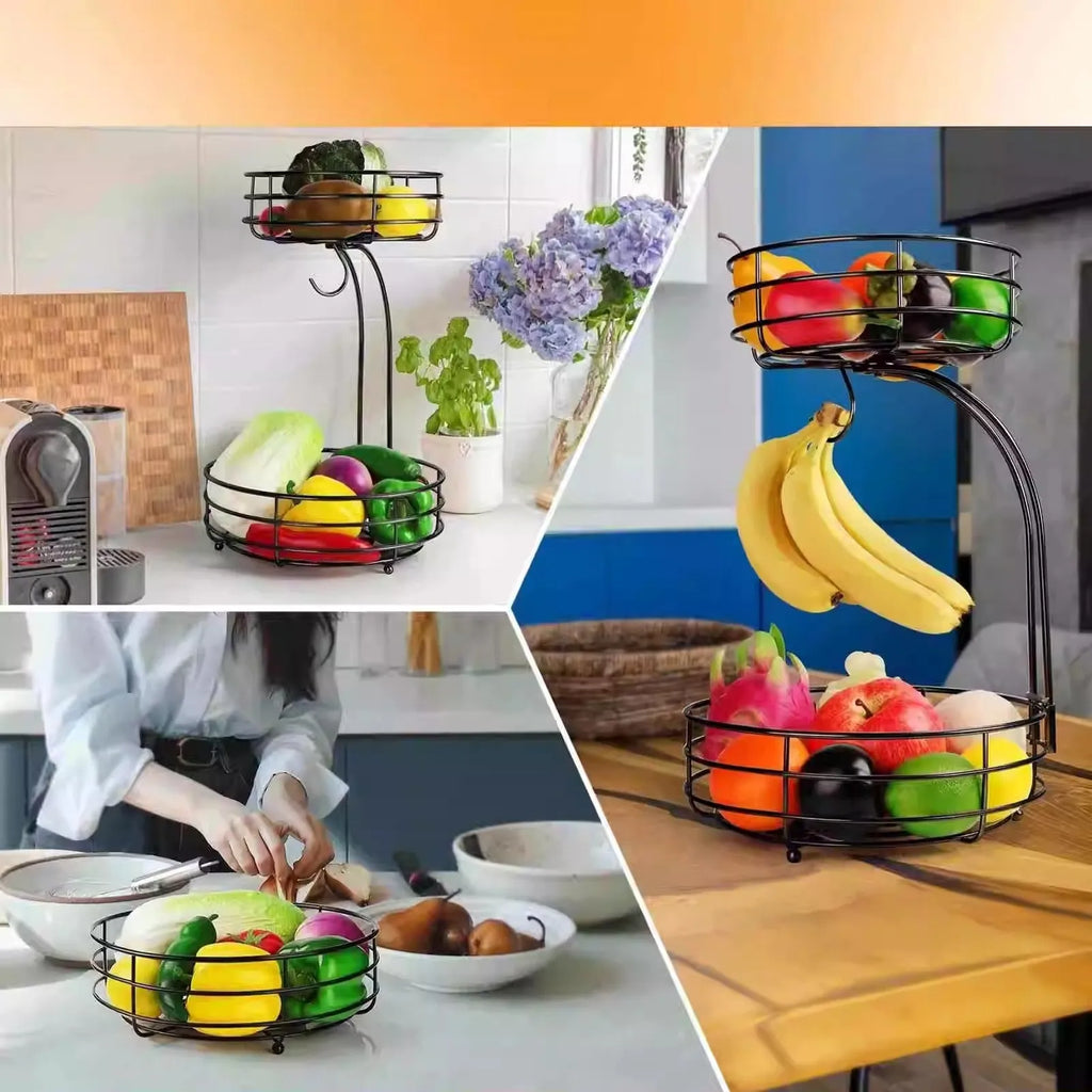 Double-layer black wrought iron fruit basket with two open storage tiers.