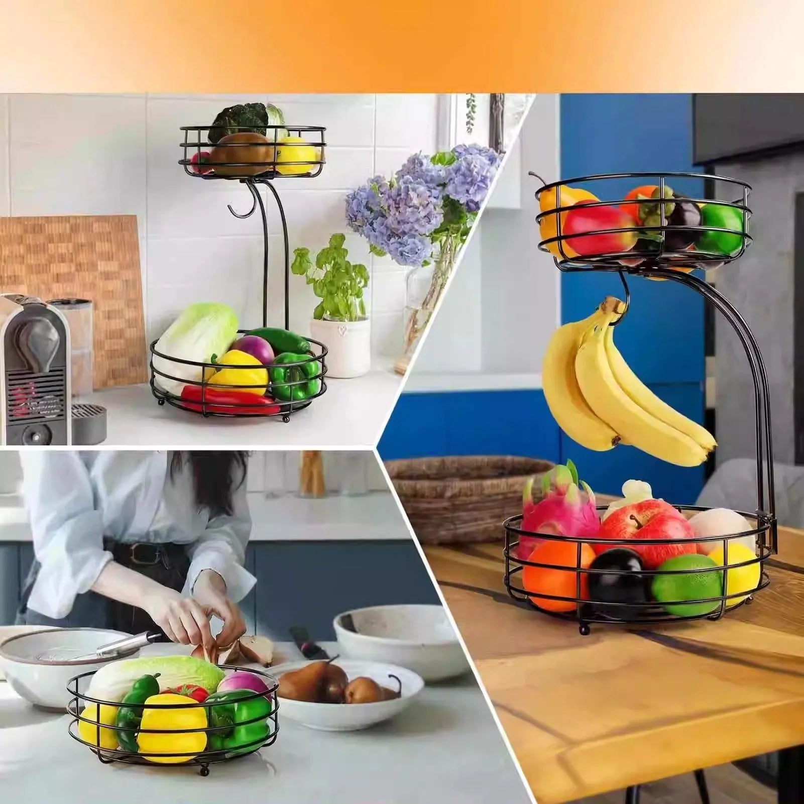 Double-layer black wrought iron fruit basket with two open storage tiers.