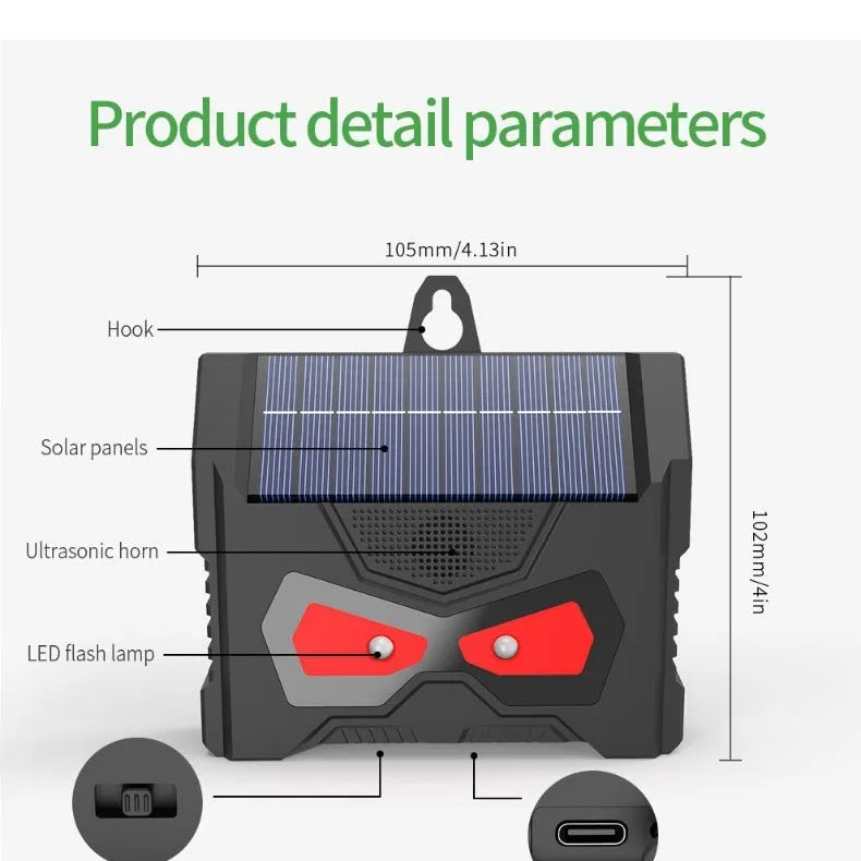 Black solar powered ultrasonic animal repeller outdoor device with flashing LED lights for garden pest control