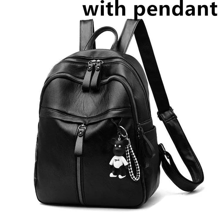 Black soft PU leather backpack with double straps showing 24cm size and plain pattern