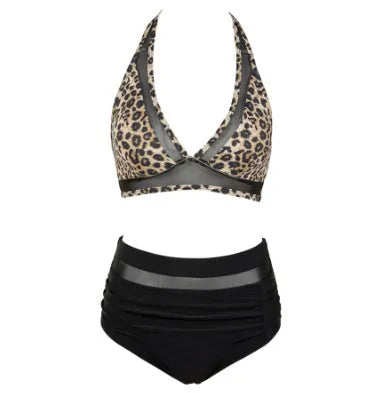 Women's polyester swimsuit bikini set in black, rose red or leopard print colours