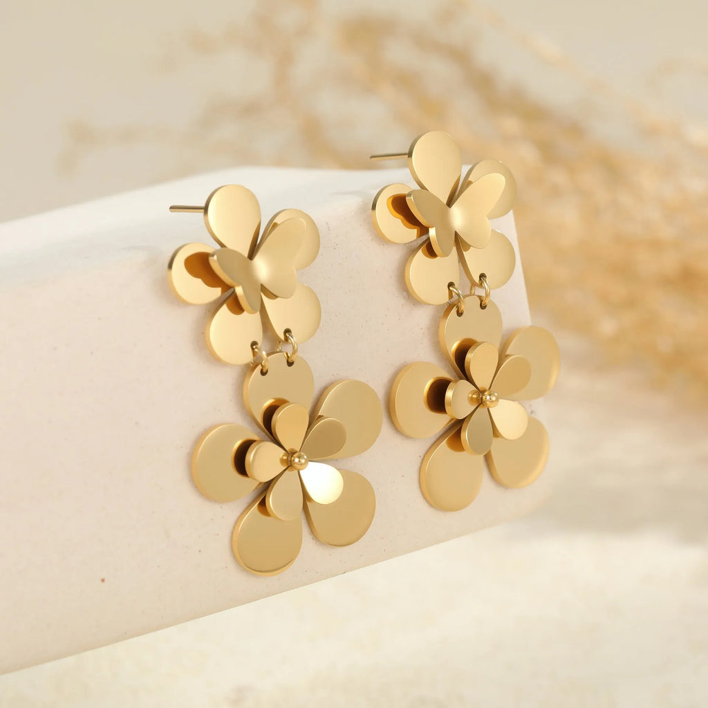 Gold flower butterfly stainless steel earrings for women with electroplated 18K finish
