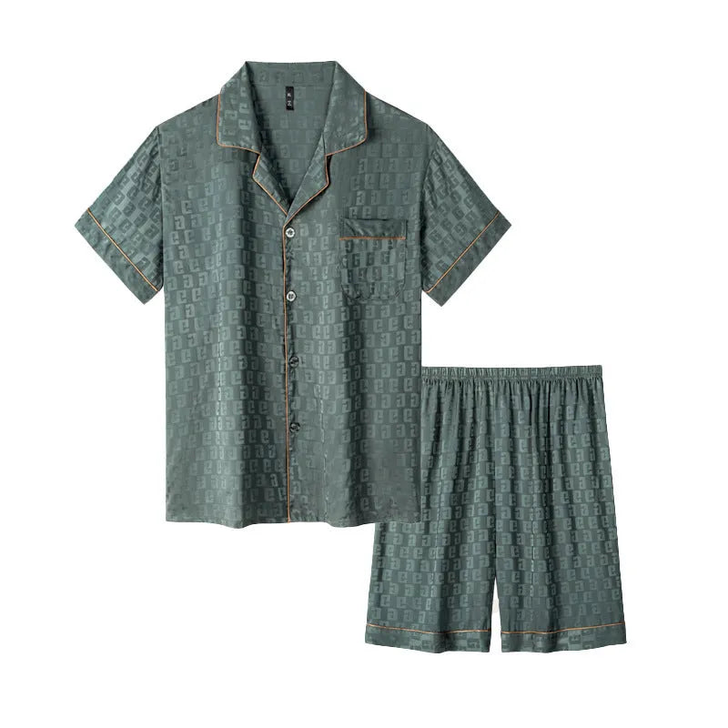 Men's artificial silk pyjamas set with cardigan top and shorts in satin jacquard pattern