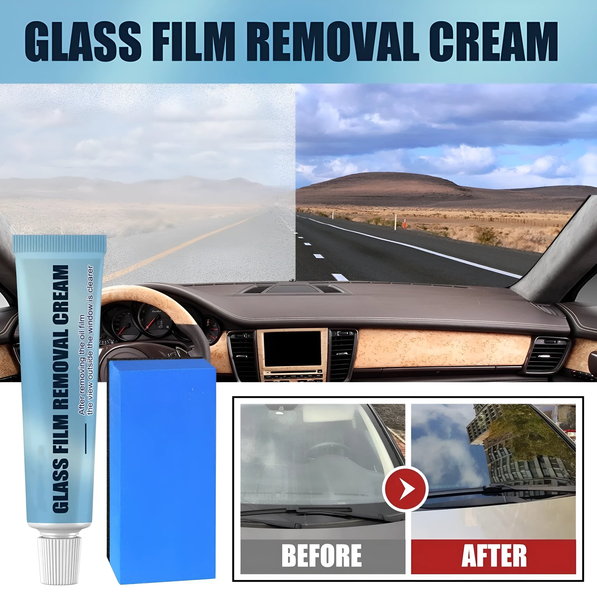 Blue car glass oil film remover tube and sponge applicator for cleaning windshields and windows
