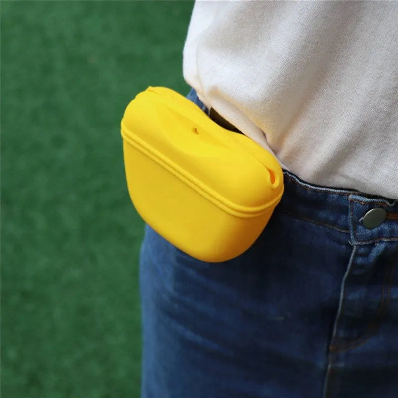 Silicone dog treat training pouch with clip and magnet closure in assorted colours