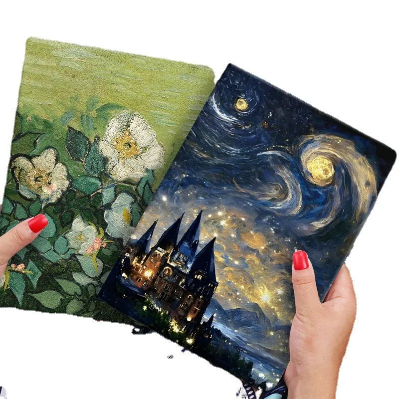 Handmade liquid silicone iPad flip case with floral oil painting design in Apricot Flower colour.