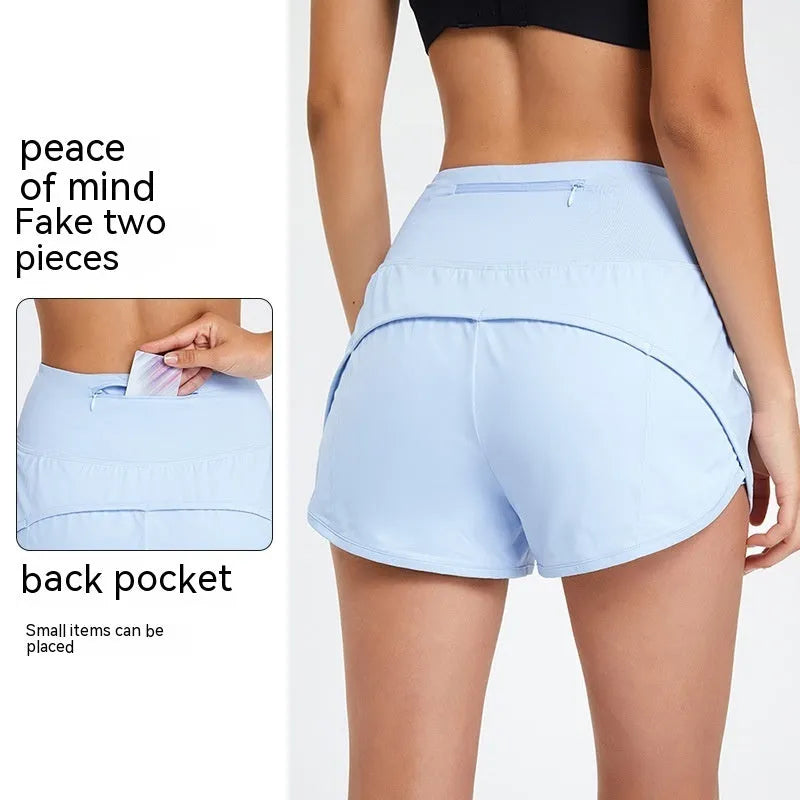 Women's high-waist nylon fitness shorts in black, water blue, and white colours for summer sports
