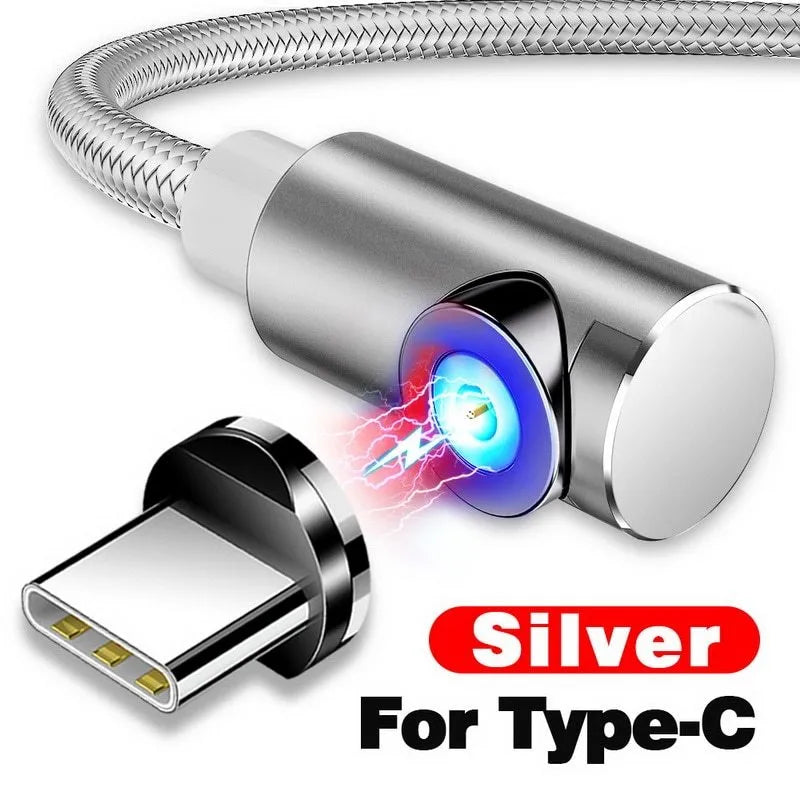 L-shape magnetic charging cable with aluminium housing in black, red, gold, or silver, showing Micro USB, Lightning and Type-C plug heads.