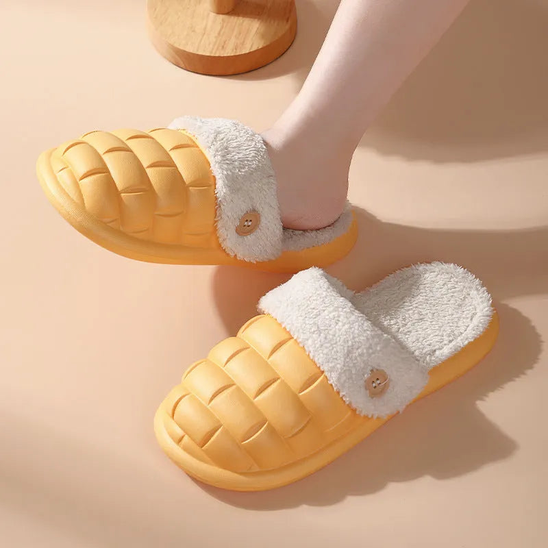 Pink detachable EVA slippers with plush lining and a flat, round-toe design for women.