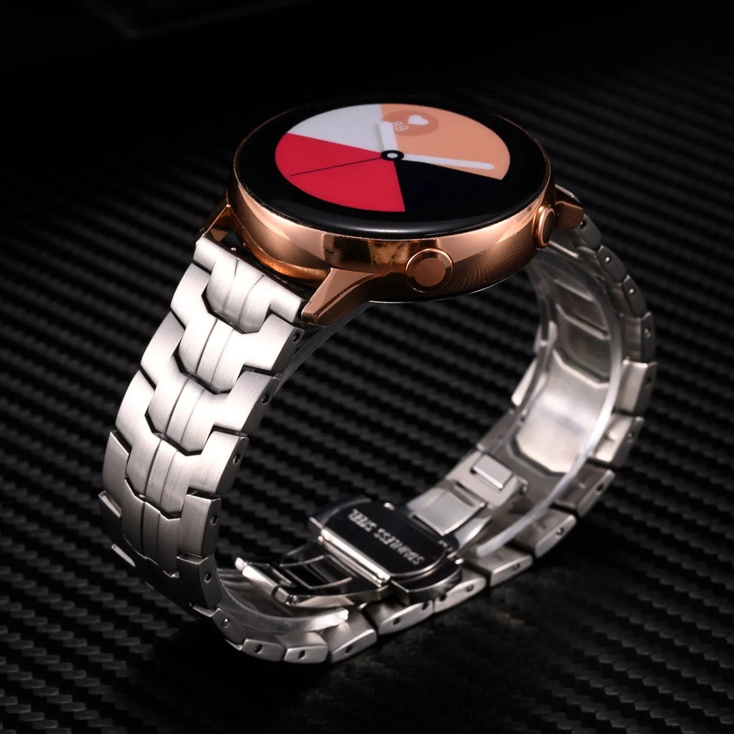 Stainless steel watch band for Samsung Galaxy Watch in silver, black, titanium, blue and coloured options.