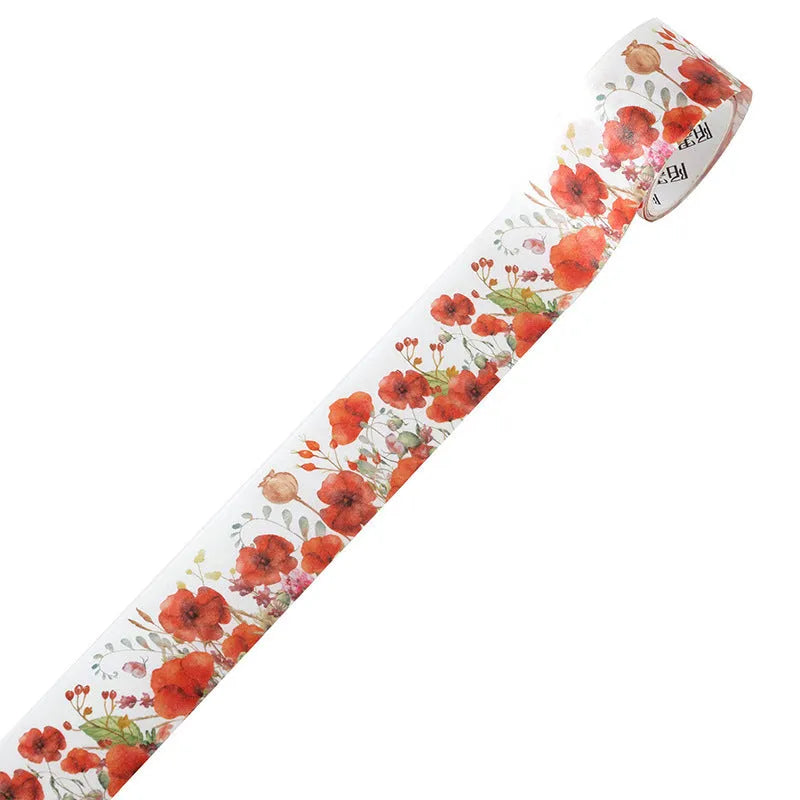 Roll of vintage floral watercolour design tape on a Japanese paper base, showing 30mm and 50mm width options.