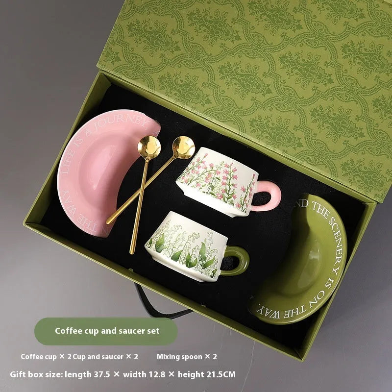 Ceramic coffee cup saucer set with two 300ml cups, saucers, and spoons in hanging bell design