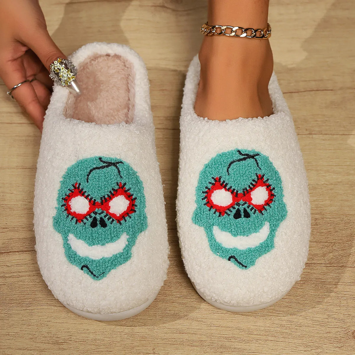 Women's indoor plush thermal cotton slippers with linen upper and non-slip sole in Mask Black colour