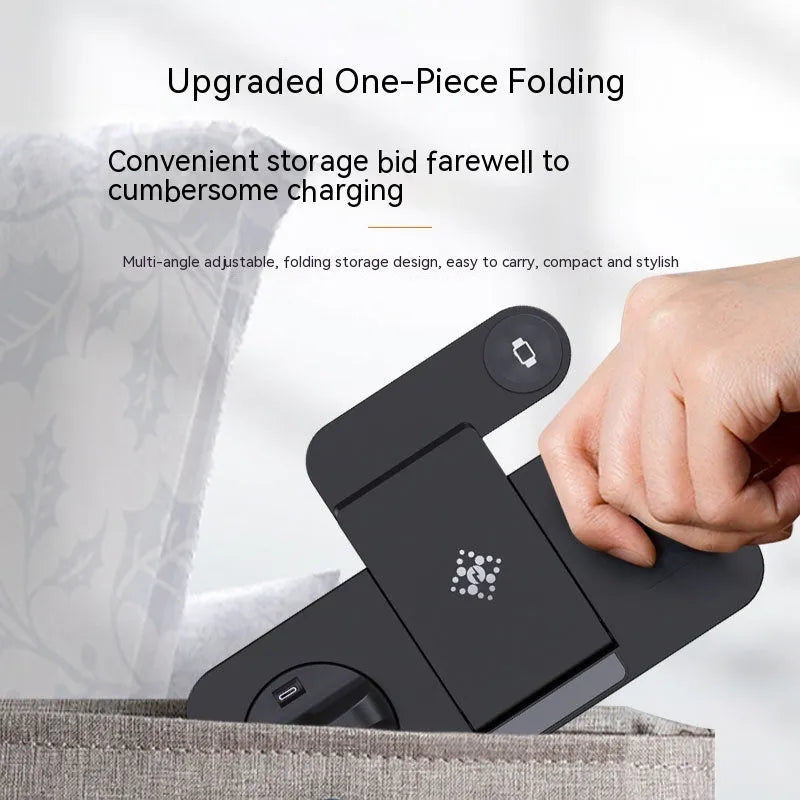 Multifunctional six-in-one foldable wireless charger in black plastic for phone earbuds and watch