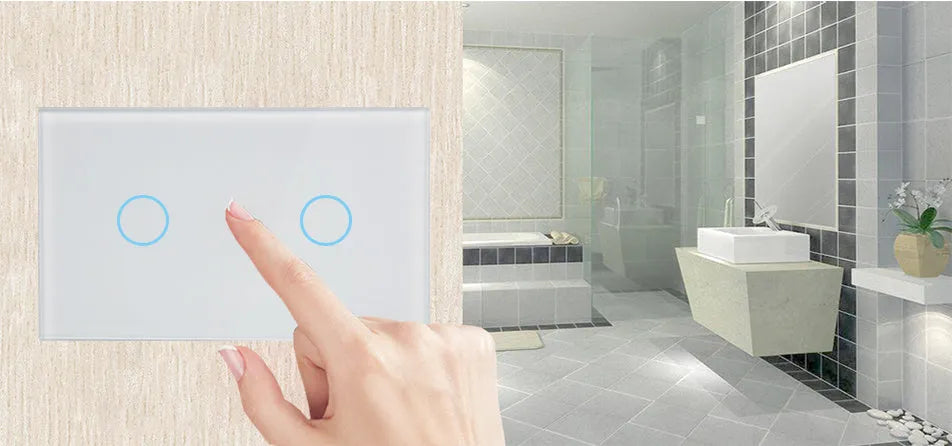 White two-gang touch light switch with tempered glass panel and blue LED indicator