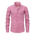 Men's striped long-sleeved business casual shirt with a lapel collar on a hanger.